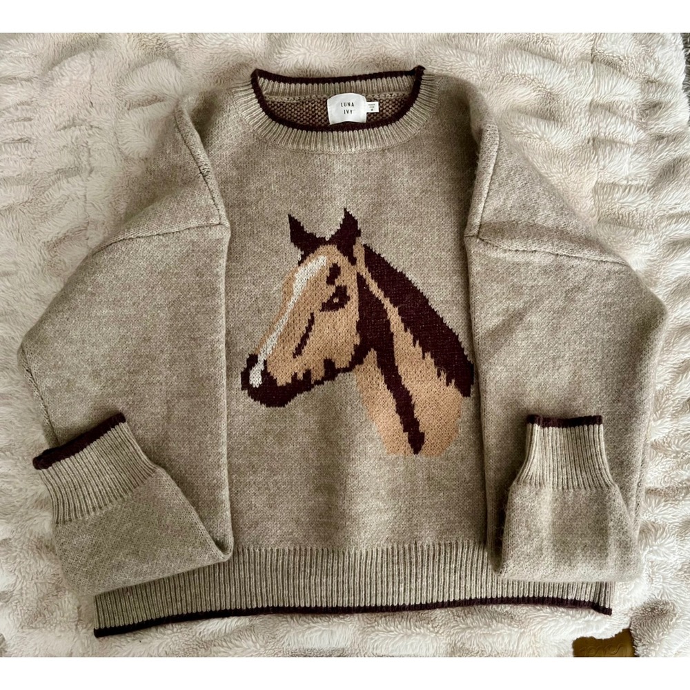 Luna Ivy Anthropologie Horse Graphic Crew Neck Sweater Tan Brown Western Medium